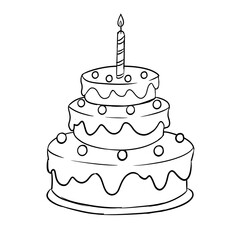 child's drawing of cake, wrapped candy, birthday cake illustration, child's cake lineart. birthday cake.