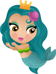 cartoon scene with mermaid princesss wimming near coral reef isolated illustration for kids