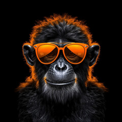 crazy monkey portrait,orange sunglasses,black background,printable stile,4k