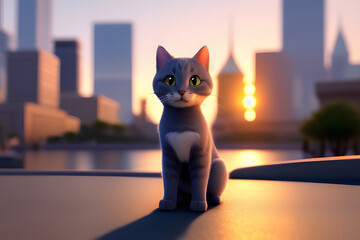 A striped gray kitten is in the background of the city. Generative AI