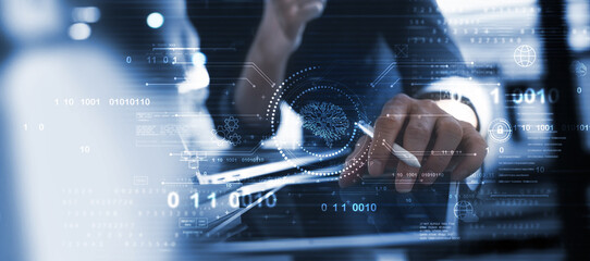 AI Artificial Intelligence, innovative technology. Businessman working on digital tablet with brain machine learning and data mining technology, coding software development