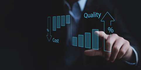 Cost and quality control, business strategy and risk management concept. Businessman touching on virtual interface with quality control growth graph and cost reduction, effective business