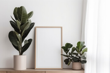 An interior design featuring a minimalistic wooden table with a potted plant and a mockup picture frame, bringing natural elements into any space. This composition is AI Generative.