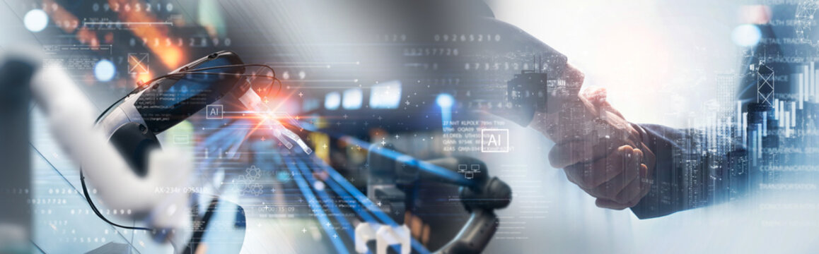 Joint venture concept. Business arrangement and development. Businessman partners making handshake for an equity joint venture in smart industry investment