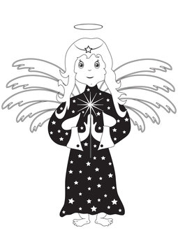 Nocturnal monochrome fairy-tale little angel. Vector illustration of a praying angel for the fulfillment of a wish with a sparkler.