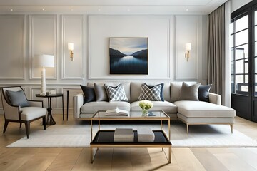 White and gray pillows setting on beige couch in luxury living room