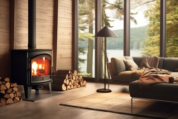 Fototapeta premium A focal point of a modern lodge is often a fireplace or wood-burning stove. This element adds both visual appeal and functional warmth during colder months. Generative AI
