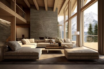 The interior of a chalet is typically characterized by a minimalist aesthetic. Neutral color palettes, clean surfaces, and uncluttered spaces contribute to a sense of calm and serenity. Generative AI