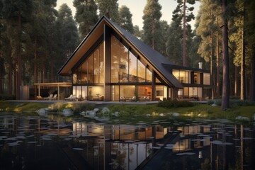 A modern lodge in a forest setting aims to blend seamlessly with its natural surroundings. The architecture takes inspiration from the surrounding environment. Generative AI