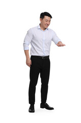 Businessman in formal clothes posing on white background