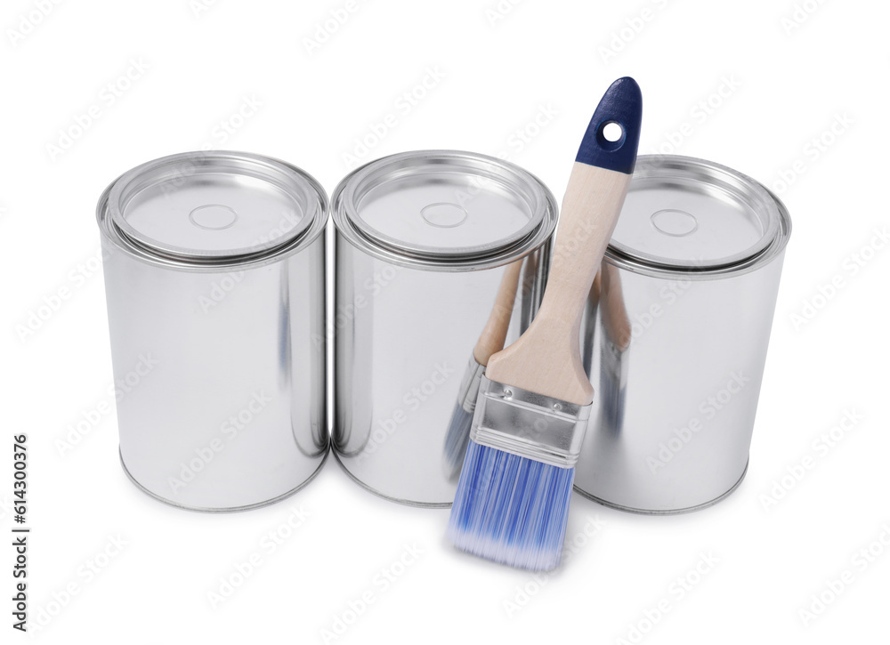 Wall mural Cans of paints and brush on white background