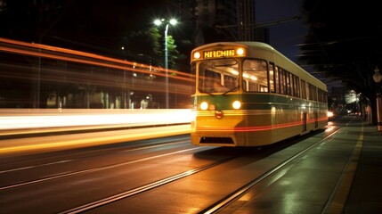 a photo of a tram at night sky in a city driving in motion with light trails at a stop tram station. Generative AI	
 - obrazy, fototapety, plakaty