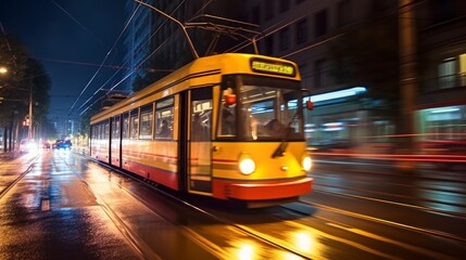 a photo of a tram at night sky in a city driving in motion with light trails at a stop tram station. Generative AI	

