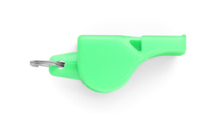 One green plastic whistle isolated on white, top view