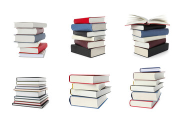 Set of different stacked books isolated on white