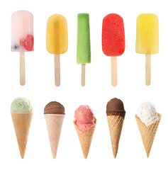 Set of different tasty ice creams on white background