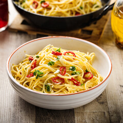 Spaghetti aglio, olio e peperoncino served in a bowl