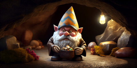 Fairytale gnome inside a magical cave, close-up. Generative AI
