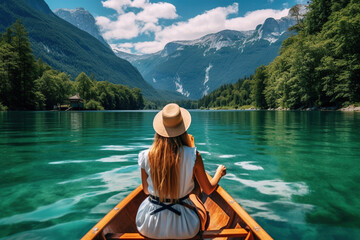 back view of Young woman canoeing in the lake bohinj on a summer day, background alps mountains