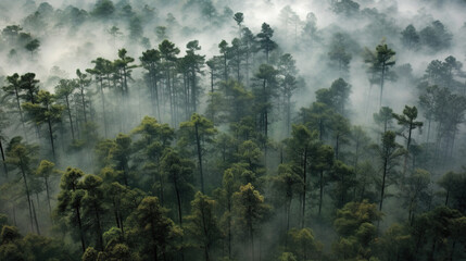 bird eye view of misty pine forest in the morning