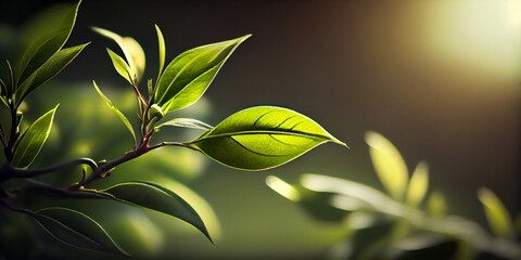 Growing green tea leaves in the sun, close-up. Generative AI
