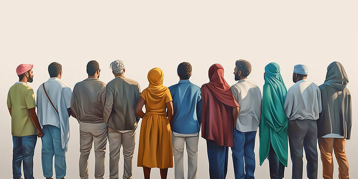 People of different nationalities in bright national clothes, viewed from the back and on an isolated background. Generative AI