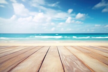 Fototapeta na wymiar Wooden deck table top on blur tropical beach background - can be used for display or montage your products with AI-Generated Images.