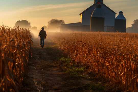 Farmer walking through corn field in the morning, grain silo in the distance, depicting rural life and agriculture