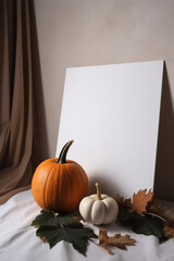 A white canvas with a pumpkin and leaves. Generative AI. Blank poster mockup with space for your lettering, picture, design.