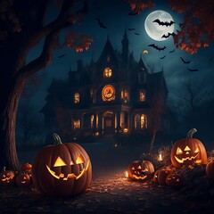 halloween background with pumpkin and bats generative AI
