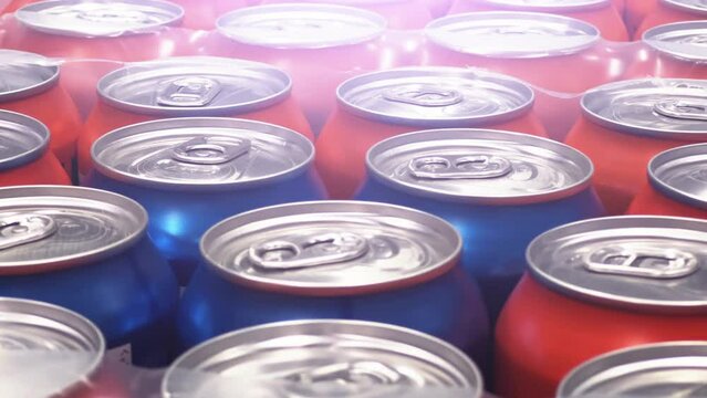 Tin cans in plastic wrap with soda or beer stand in rows in the warehouse or wholesale store. Close-up