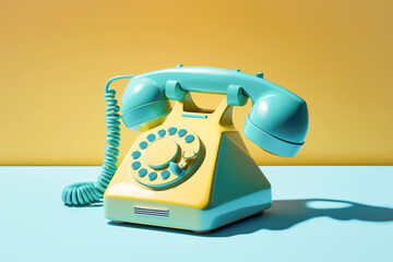 Vintage yellow lelephone with a tube on blue bright background. Retro items, 70s 80s culture nostalgia. Art concept