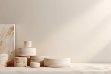 Light wood round podium on beige background. Food or product mock up, AI Generated. Illustration