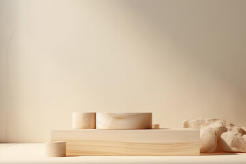 Light wood round podium on beige background. Food or product mock up, AI Generated. Illustration