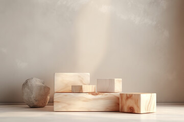 Fototapeta na wymiar Light wood round podium on beige background. Food or product mock up, AI Generated. Illustration