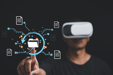 Virtual reality VR enthusiast donning glasses, accessing worldwide web in virtual metaverse. efficient document management systems DMS in the world of future technology.