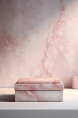 Light pink and golden product presentation mock-up. Marble podium with copy space. Stage, display, showroom. Empty scene. Generative AI. Illustration.