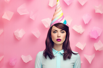 Fototapeta premium Portrait of a beautiful girl in pastel vivid colors. Spring, beauty, hairstyle. Generative AI.
