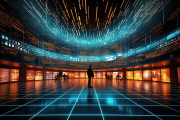 Modern servers data center room, big data structure. Cloud, internet or cyberspace technology concept. Ai generative