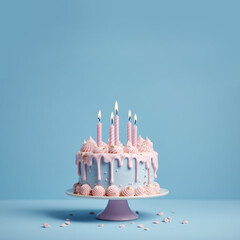 Beautiful birthday cake, on blue background with copy space. Ai generative. Illustration