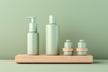 Cosmetics branding mock-up, bottles and containers on pastel green background. Product presentation. Beauty and body care product concept. Ai generative