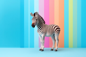 Zebra against colorful stripes background, with copy space. Stand out, paint some color. Ai generative