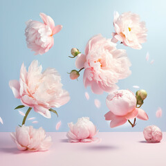 Beautiful fresh spring flowers levitating against pink background. Sping, summer, floral background. Ai generated. Illustration