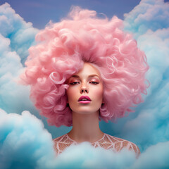 Portrait of a beautiful woman with cotton candy hair. Pastel pink, spring, hairstyle, love, emotions, feminine. Ai generative