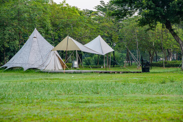 Tents on the Camping Grassland in the Morning Park