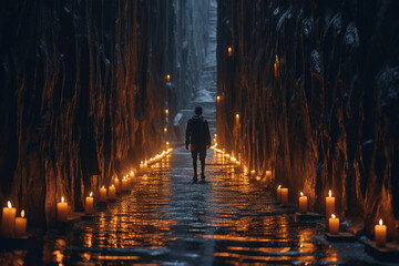 광활하게 둘러싸인 좁은 길을 촛불을 들고 걷는 남자의 뒷모습 실루엣. 인공지능 생성