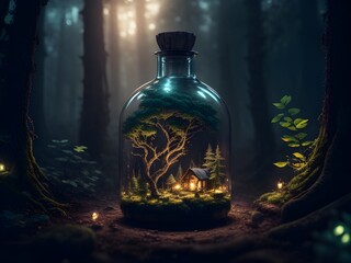 a tiny hut inside a jar in the forest, illustration, AI generative