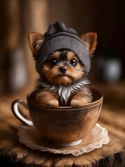 A small yorkshire terrier puppy with cap inside a teacup, AI generative
