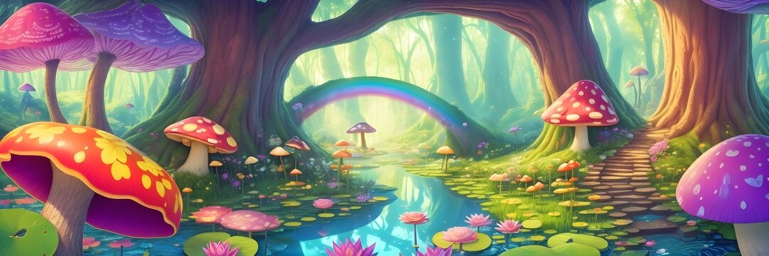illustration of a fairytale forest, mushroom, trees, plants, nature