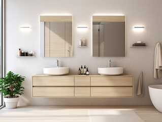 Obraz na płótnie Canvas Realistic interior mockup bathroom ceramic sink basin or wash basin with mirror and faucet. modern minimal design. Generative AI